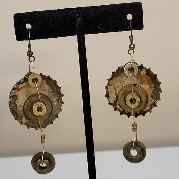 Mixed Metal Upcycled Hand Crafted Sol Cerveza Beer Bottle Cap Pierced Earrings - Picture 1 of 16
